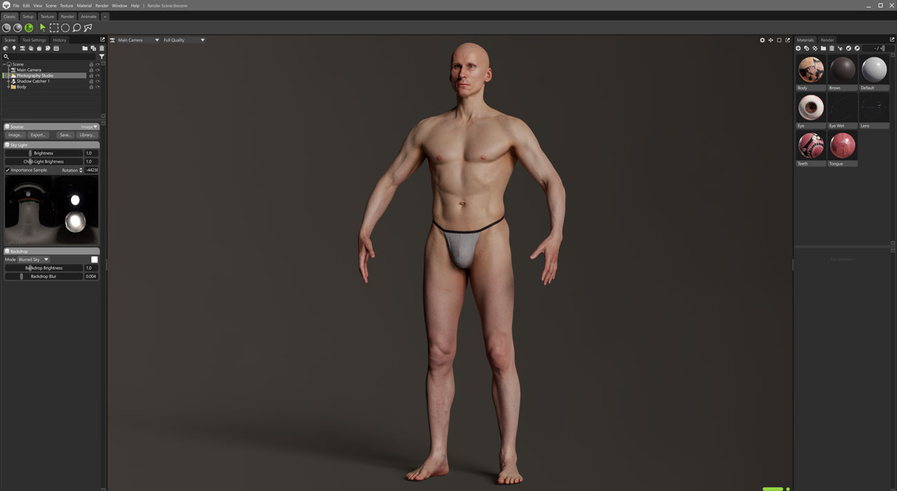 Marmoset Toolbag real-time scene render of a lean athletic male full body 3D scan with PBR materials